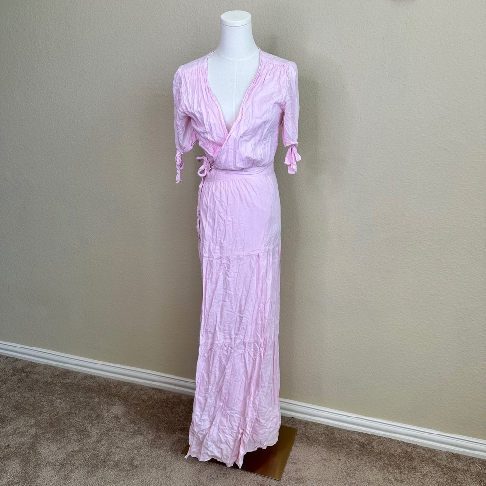 Melissa Odabash Pink Rayon Wrap Maxi Dress Short Tie Sleeve Tiered Small Boho